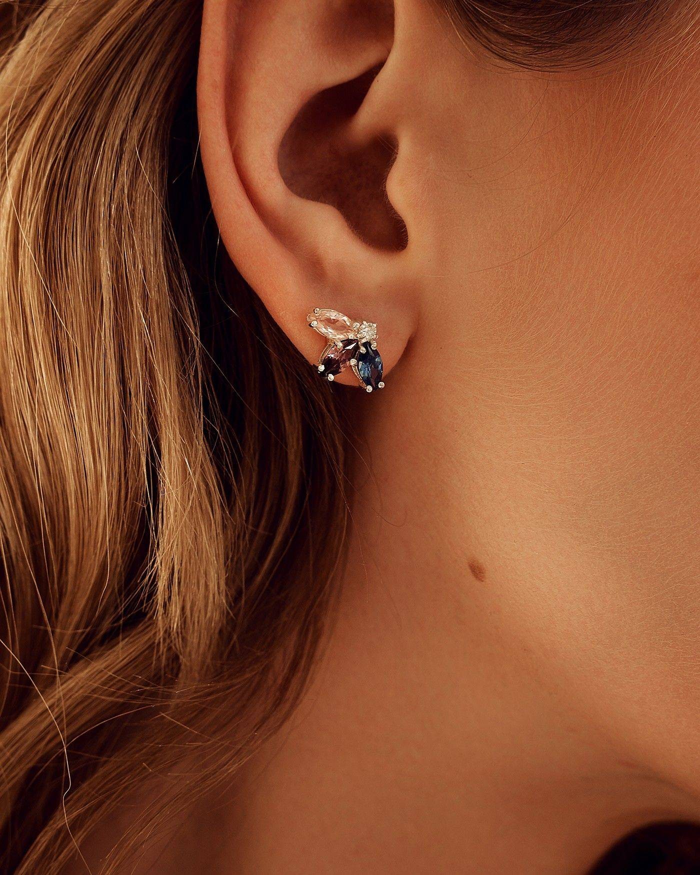 Flower Earrings Fiore with Rhodolite and Sapphire  - 1