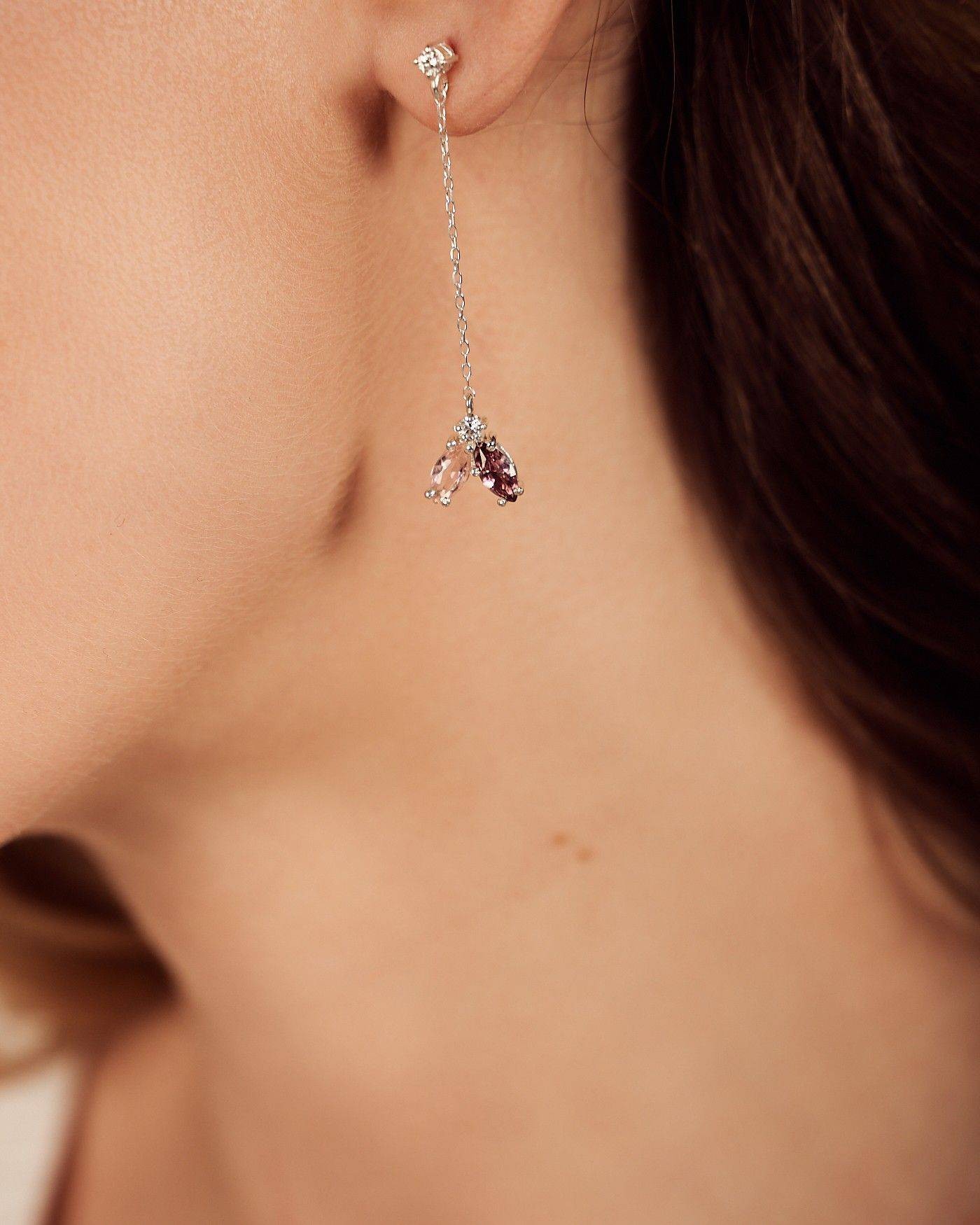 Orecchini pendenti Fiore con Rhodolite e Zaffiro  - 4